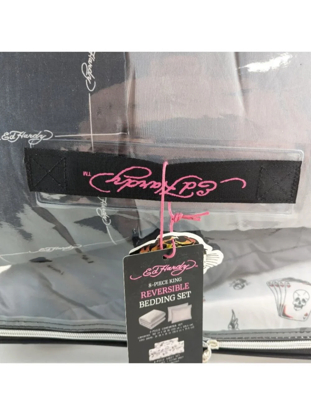 Ed Hardy King Comforter Set w Shams Pillow Sheets - Gray White Cards Dice Skull